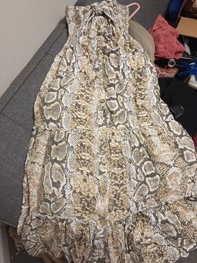 blue island Strapless Snake-Print Dress in Beige and Cream